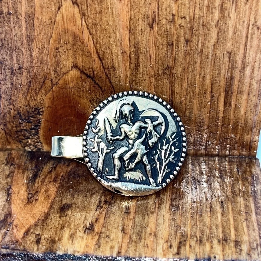 Goldtone vintage warrior knight sword shield protector statement tie button clip